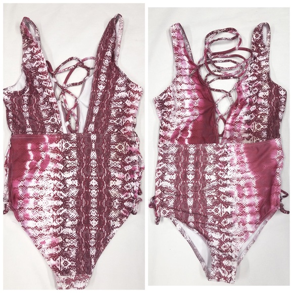 ASOS Snake Print Tie Dye Lace Up Plunge Swimsuit - Picture 7 of 8